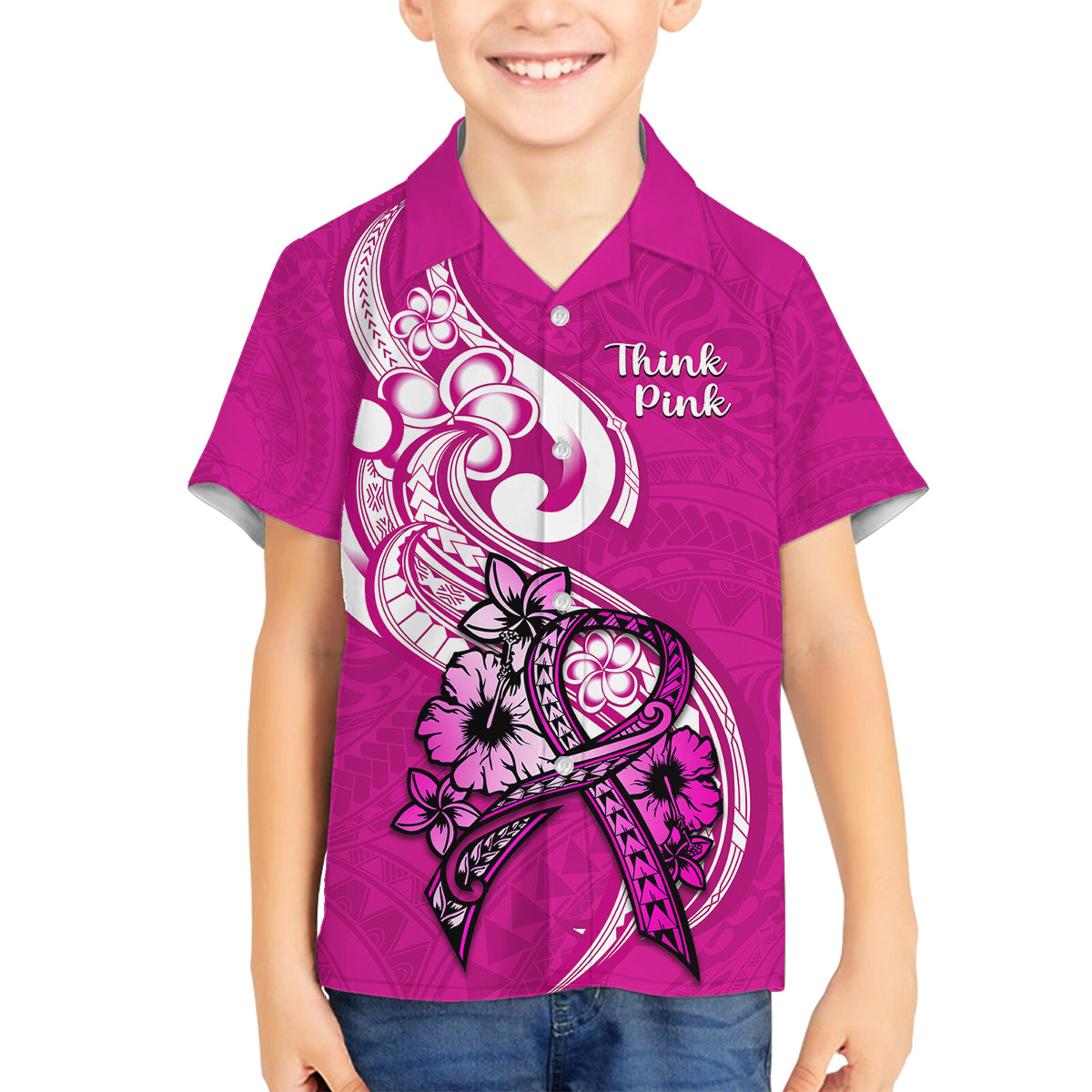 Polynesia Breast Cancer Awareness Family Matching Tank Maxi Dress and Hawaiian Shirt Think Pink Polynesian Ribbon White Version LT14 Son's Shirt Pink - Polynesian Pride