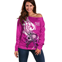 Polynesia Breast Cancer Awareness Off Shoulder Sweater Think Pink Polynesian Ribbon White Version LT14 Women Pink - Polynesian Pride