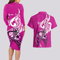 Personalised Polynesia Breast Cancer Awareness Couples Matching Long Sleeve Bodycon Dress and Hawaiian Shirt Think Pink Polynesian Ribbon White Version LT14 - Polynesian Pride
