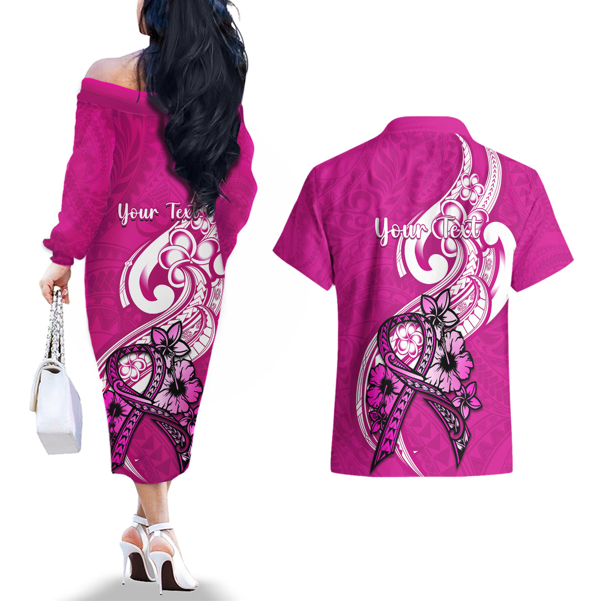 Personalised Polynesia Breast Cancer Awareness Couples Matching Off The Shoulder Long Sleeve Dress and Hawaiian Shirt Think Pink Polynesian Ribbon White Version LT14 - Polynesian Pride