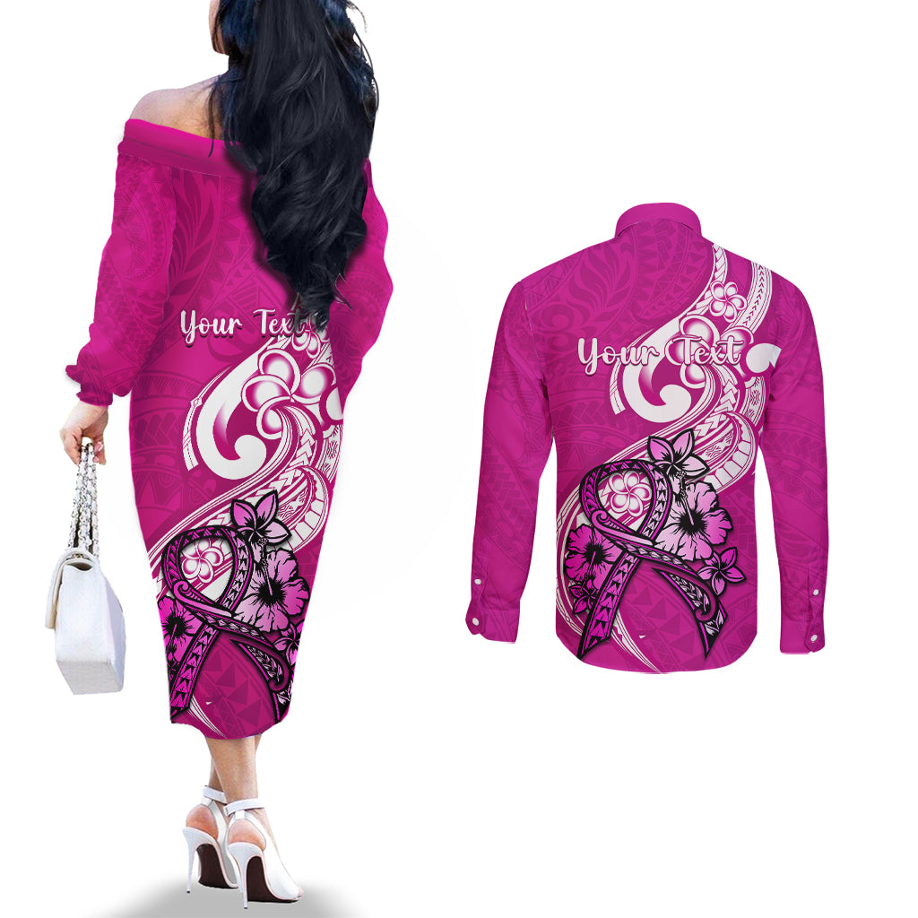 Personalised Polynesia Breast Cancer Awareness Couples Matching Off The Shoulder Long Sleeve Dress and Long Sleeve Button Shirts Think Pink Polynesian Ribbon White Version LT14 - Polynesian Pride