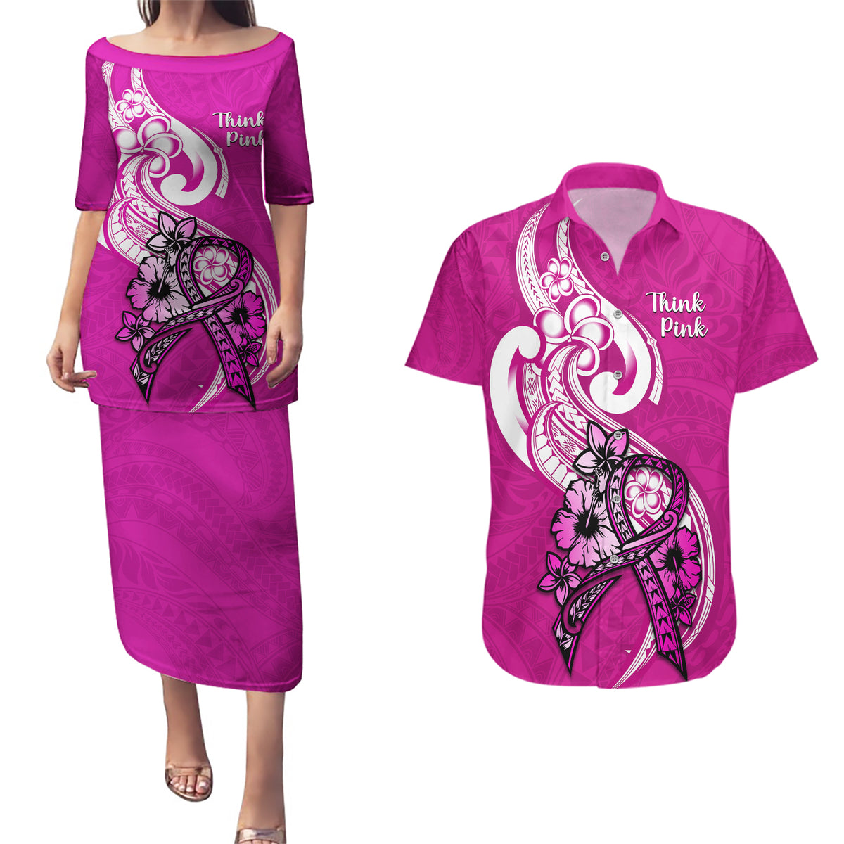 Personalised Polynesia Breast Cancer Awareness Couples Matching Puletasi Dress and Hawaiian Shirt Think Pink Polynesian Ribbon White Version LT14 Pink - Polynesian Pride