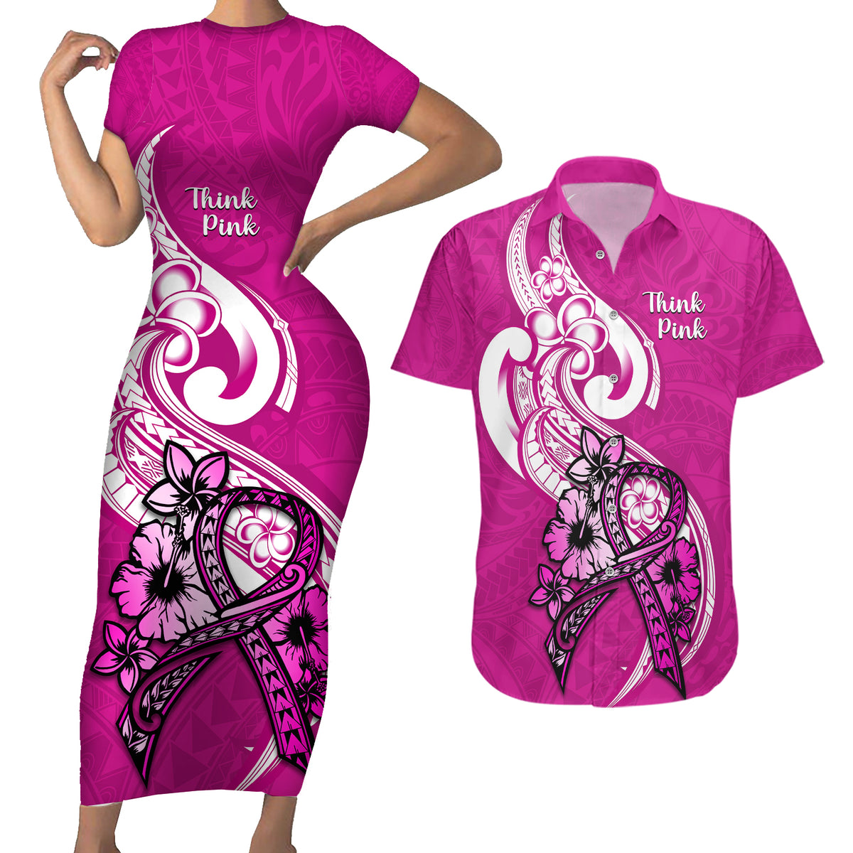 Personalised Polynesia Breast Cancer Awareness Couples Matching Short Sleeve Bodycon Dress and Hawaiian Shirt Think Pink Polynesian Ribbon White Version LT14 Pink - Polynesian Pride