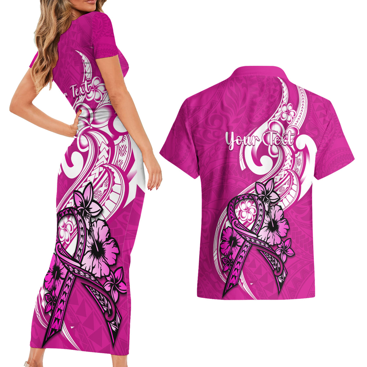 Personalised Polynesia Breast Cancer Awareness Couples Matching Short Sleeve Bodycon Dress and Hawaiian Shirt Think Pink Polynesian Ribbon White Version LT14 - Polynesian Pride