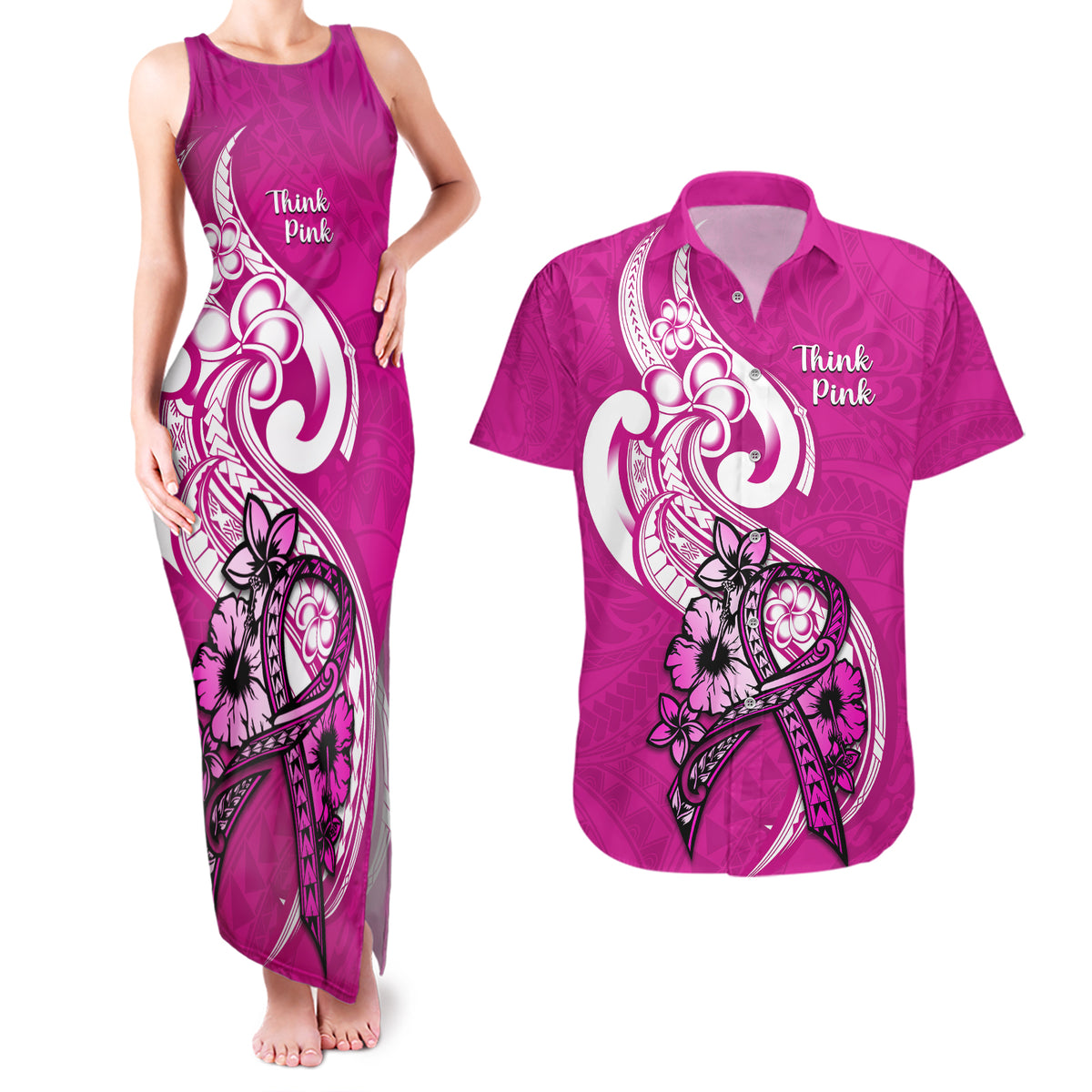 Personalised Polynesia Breast Cancer Awareness Couples Matching Tank Maxi Dress and Hawaiian Shirt Think Pink Polynesian Ribbon White Version LT14 Pink - Polynesian Pride