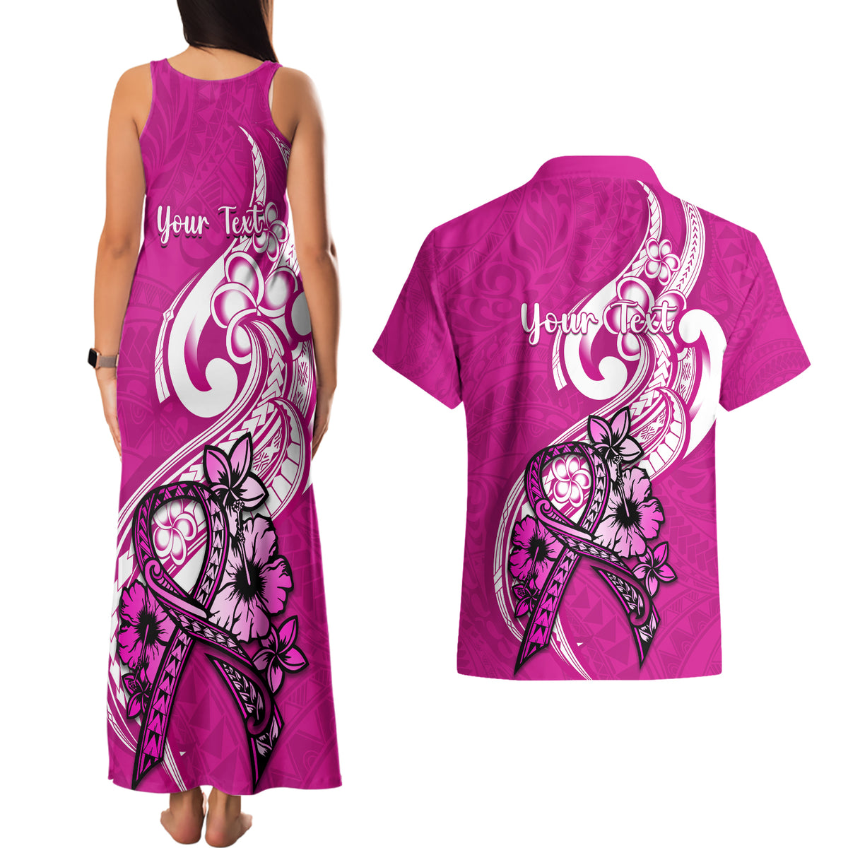 Personalised Polynesia Breast Cancer Awareness Couples Matching Tank Maxi Dress and Hawaiian Shirt Think Pink Polynesian Ribbon White Version LT14 - Polynesian Pride