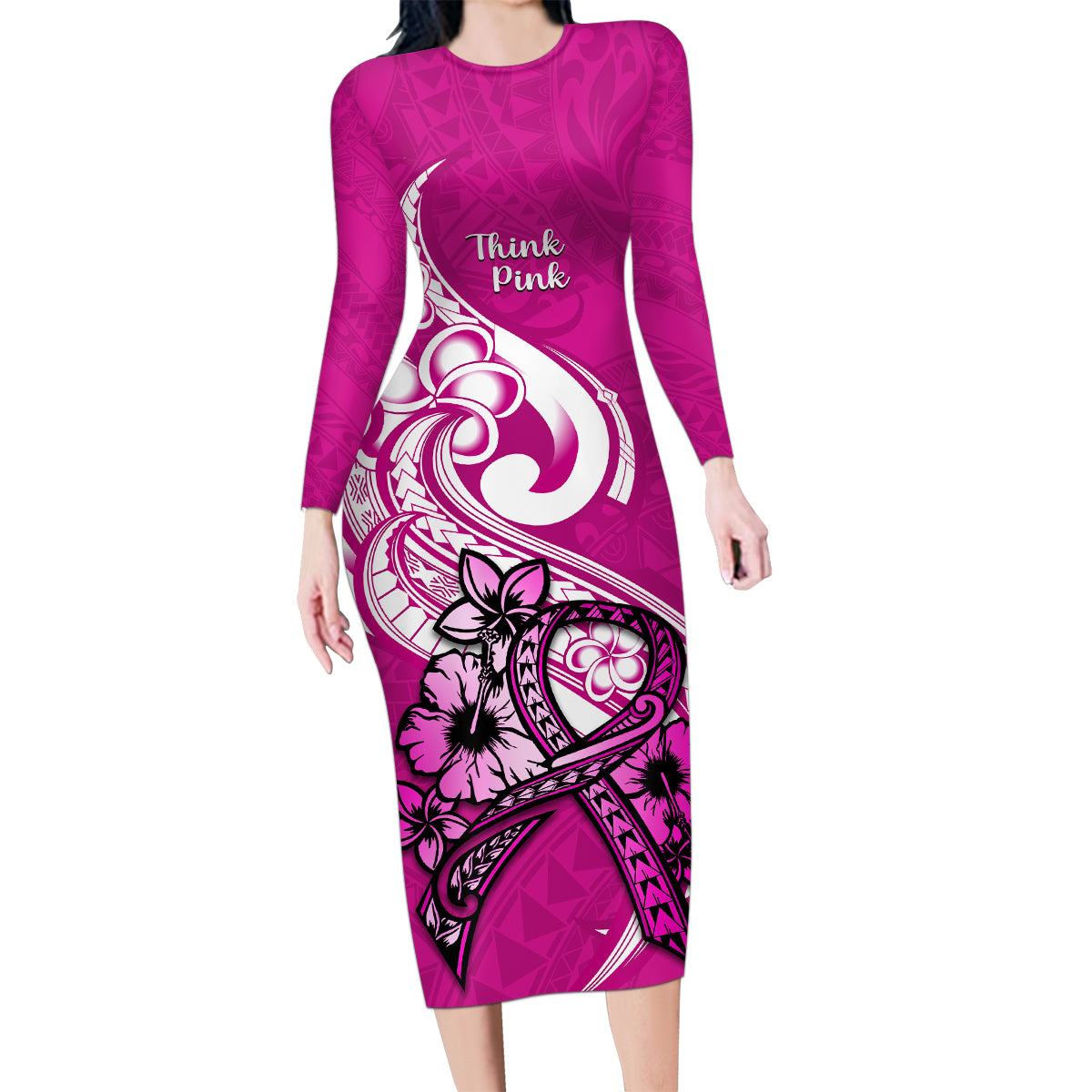 Personalised Polynesia Breast Cancer Awareness Family Matching Long Sleeve Bodycon Dress and Hawaiian Shirt Think Pink Polynesian Ribbon White Version LT14 Mom's Dress Pink - Polynesian Pride