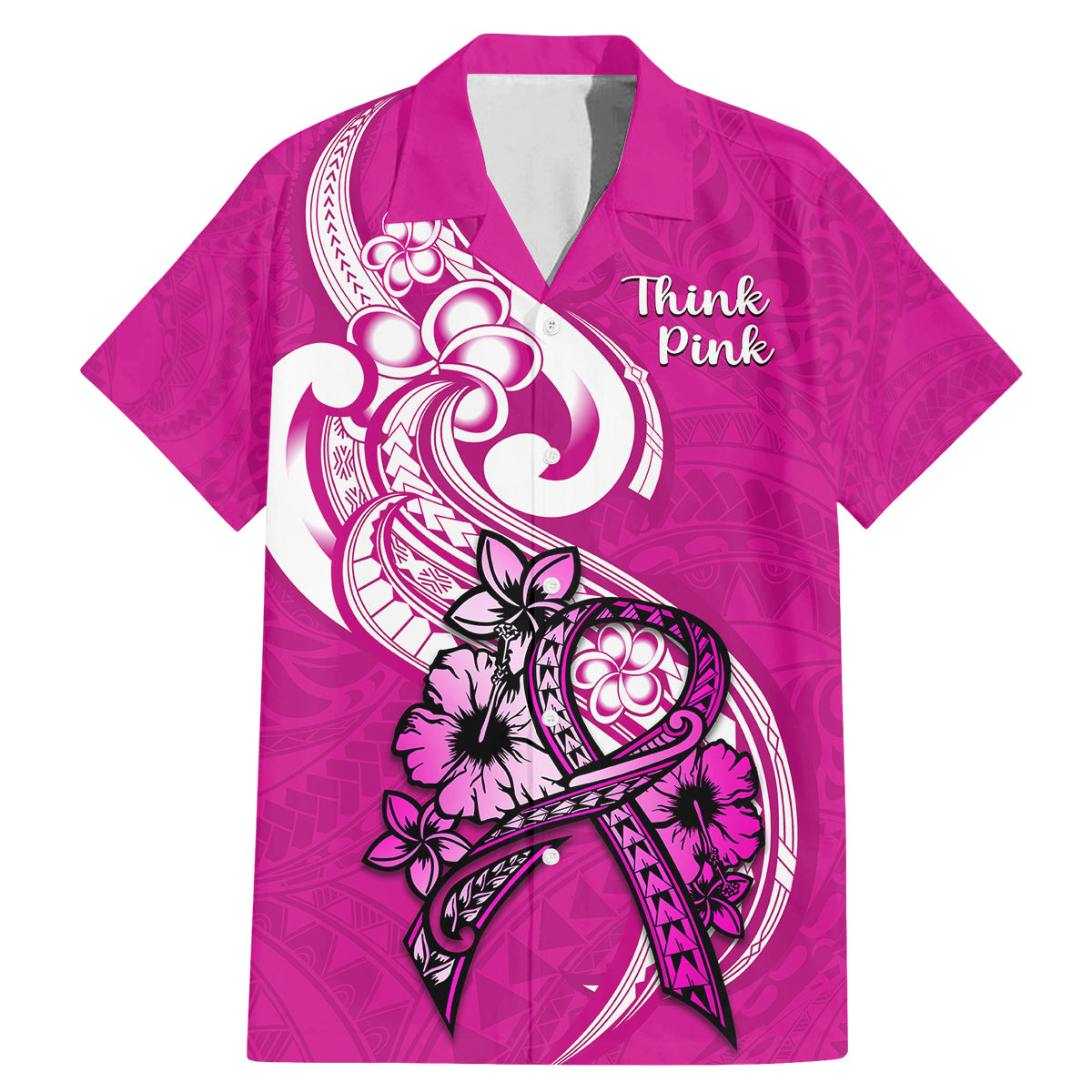Personalised Polynesia Breast Cancer Awareness Family Matching Mermaid Dress and Hawaiian Shirt Think Pink Polynesian Ribbon White Version LT14 Dad's Shirt - Short Sleeve Pink - Polynesian Pride