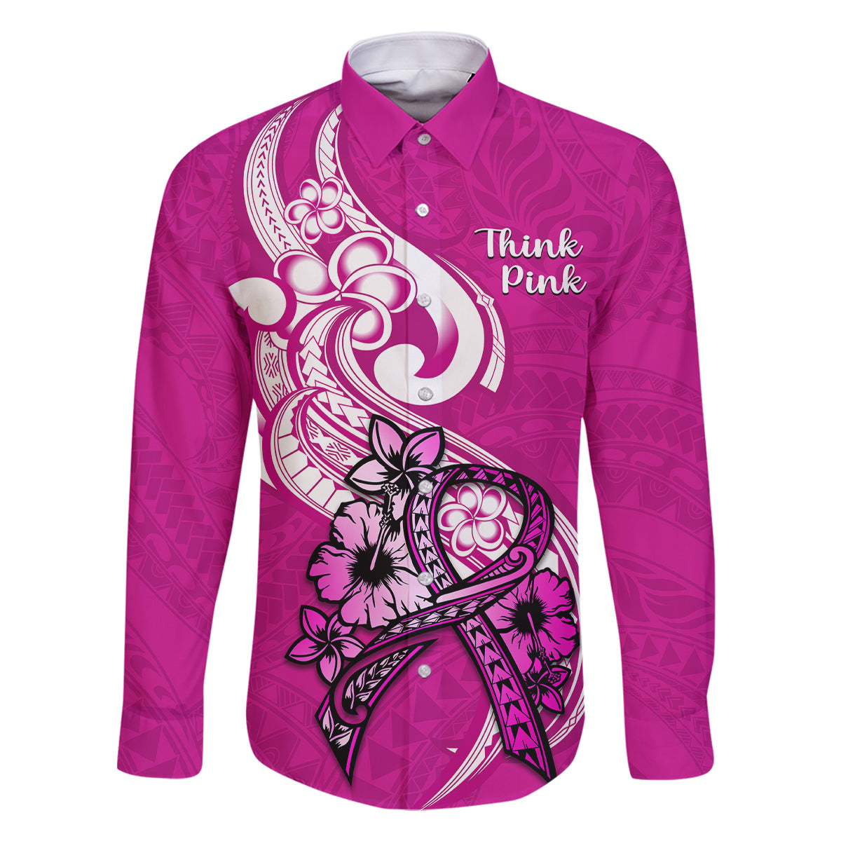 Personalised Polynesia Breast Cancer Awareness Family Matching Mermaid Dress and Hawaiian Shirt Think Pink Polynesian Ribbon White Version LT14 Dad's Shirt - Long Sleeve Pink - Polynesian Pride