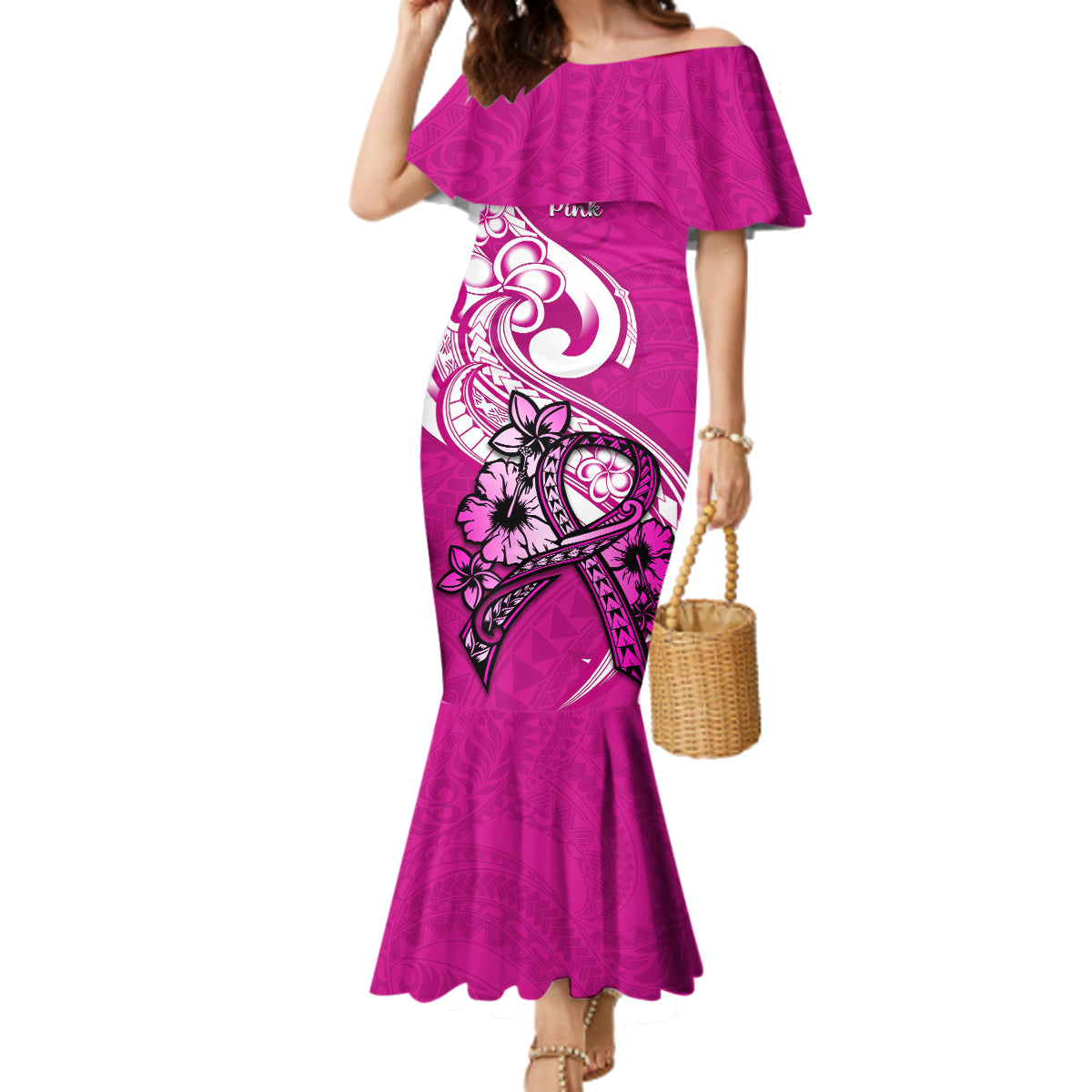 Personalised Polynesia Breast Cancer Awareness Family Matching Mermaid Dress and Hawaiian Shirt Think Pink Polynesian Ribbon White Version LT14 Mom's Dress Pink - Polynesian Pride