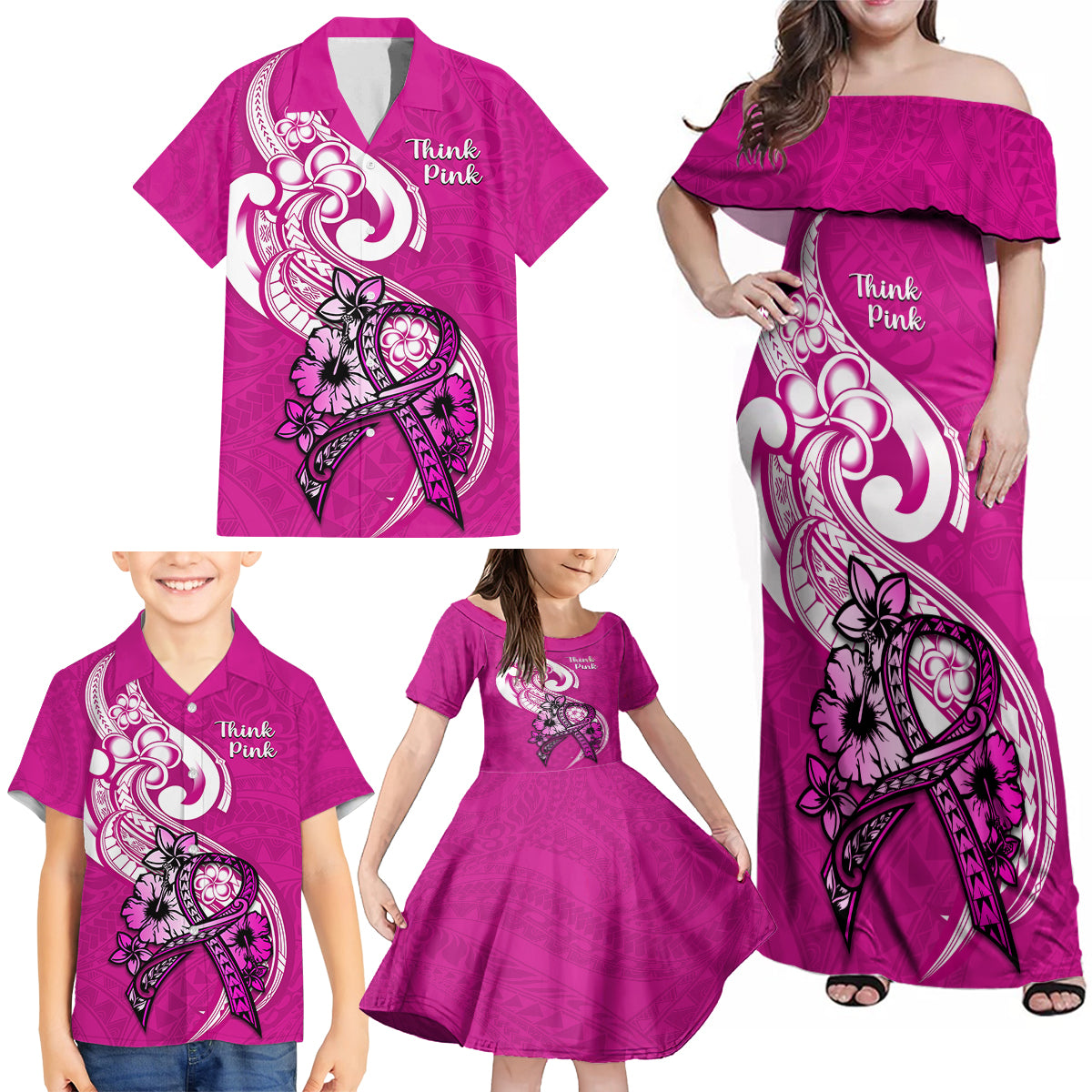 Personalised Polynesia Breast Cancer Awareness Family Matching Off Shoulder Maxi Dress and Hawaiian Shirt Think Pink Polynesian Ribbon White Version LT14 - Polynesian Pride