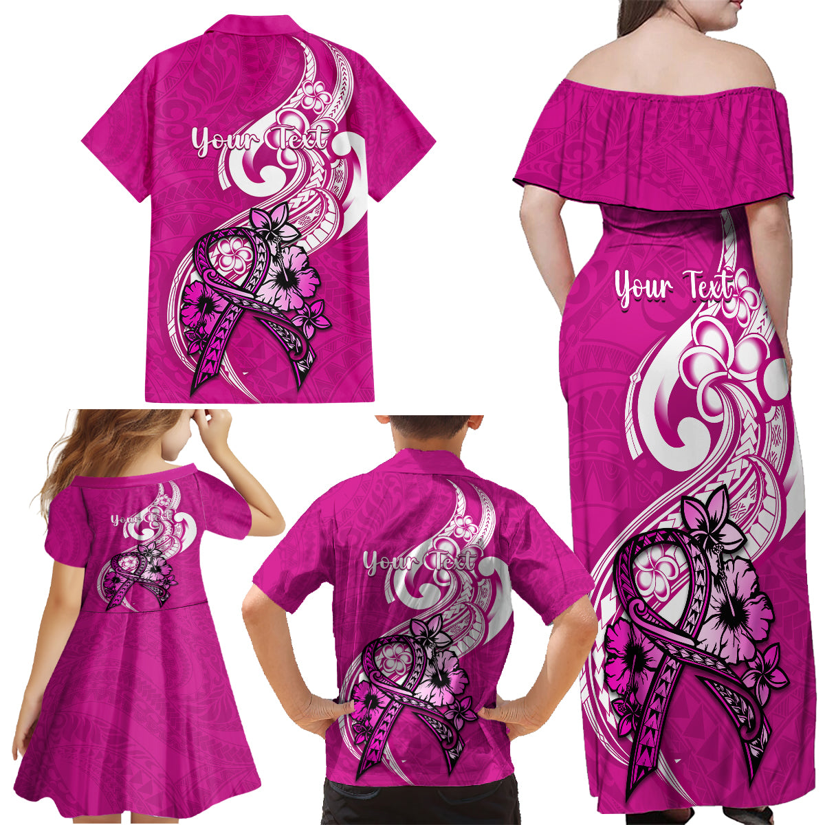 Personalised Polynesia Breast Cancer Awareness Family Matching Off Shoulder Maxi Dress and Hawaiian Shirt Think Pink Polynesian Ribbon White Version LT14 - Polynesian Pride