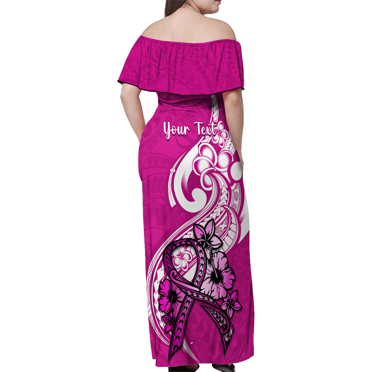 Personalised Polynesia Breast Cancer Awareness Family Matching Off Shoulder Maxi Dress and Hawaiian Shirt Think Pink Polynesian Ribbon White Version LT14 - Polynesian Pride