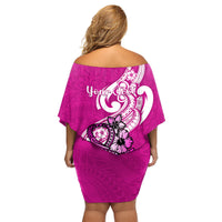 Personalised Polynesia Breast Cancer Awareness Family Matching Off Shoulder Short Dress and Hawaiian Shirt Think Pink Polynesian Ribbon White Version LT14 - Polynesian Pride