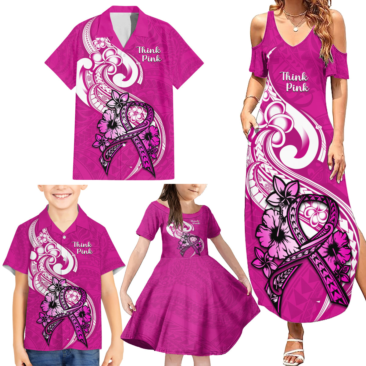 Personalised Polynesia Breast Cancer Awareness Family Matching Summer Maxi Dress and Hawaiian Shirt Think Pink Polynesian Ribbon White Version LT14 - Polynesian Pride