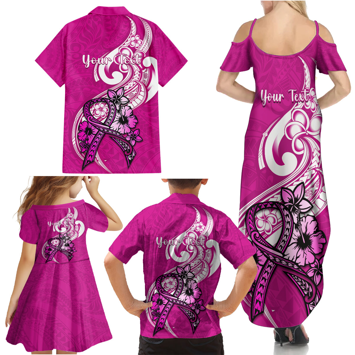 Personalised Polynesia Breast Cancer Awareness Family Matching Summer Maxi Dress and Hawaiian Shirt Think Pink Polynesian Ribbon White Version LT14 - Polynesian Pride