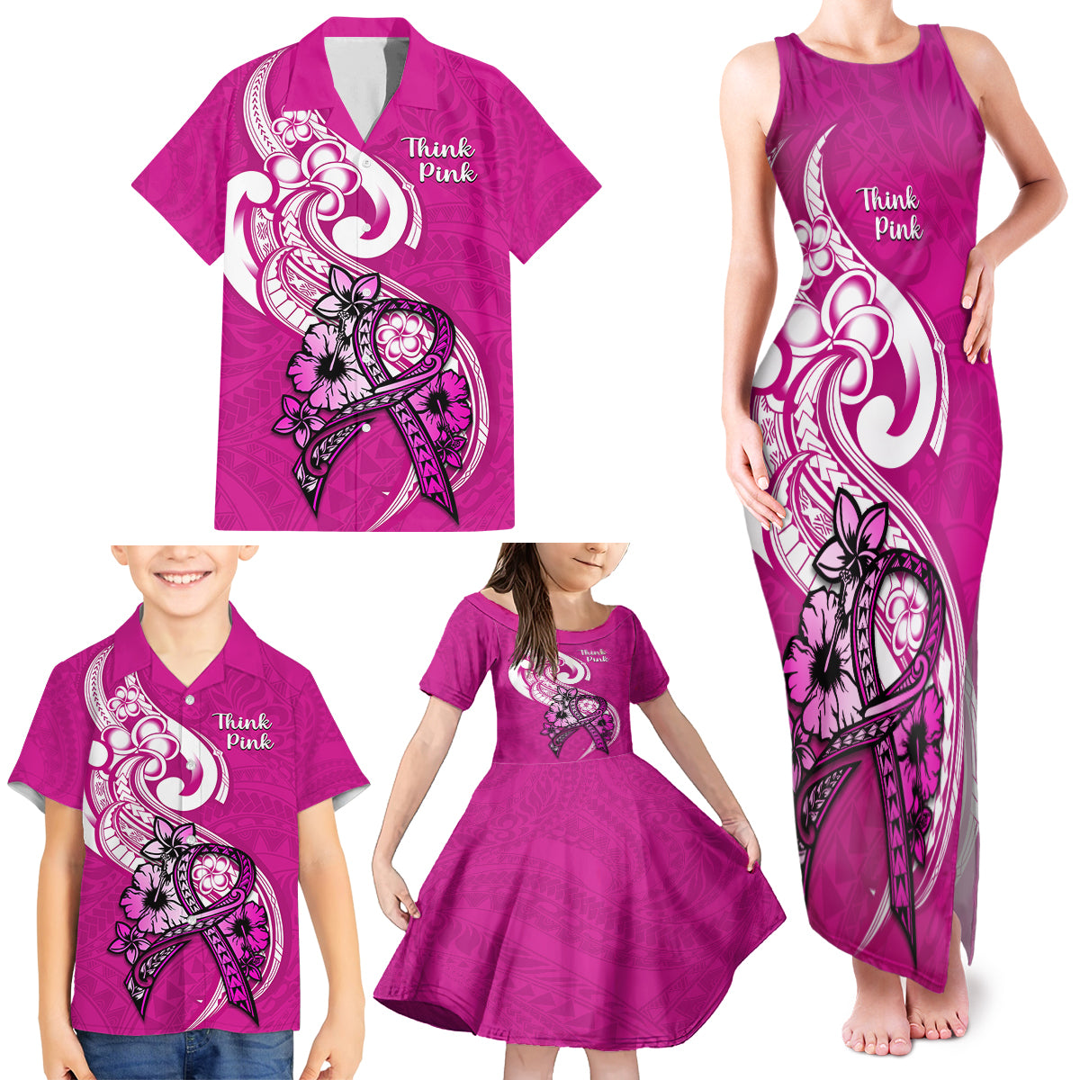 Personalised Polynesia Breast Cancer Awareness Family Matching Tank Maxi Dress and Hawaiian Shirt Think Pink Polynesian Ribbon White Version LT14 - Polynesian Pride
