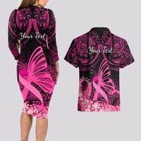 Presonalised Tonga Breast Cancer Awareness Couples Matching Long Sleeve Bodycon Dress and Hawaiian Shirt Pink Ribbon Brave Strong Warrior Tongan Ngatu Pattern LT14 - Polynesian Pride