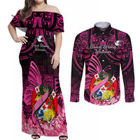 Presonalised Tonga Breast Cancer Awareness Couples Matching Off Shoulder Maxi Dress and Long Sleeve Button Shirts Pink Ribbon Brave Strong Warrior Tongan Ngatu Pattern LT14 Pink - Polynesian Pride