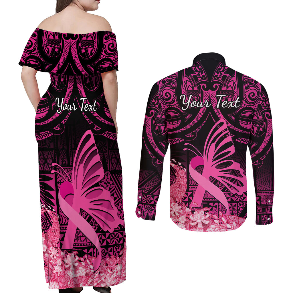 Presonalised Tonga Breast Cancer Awareness Couples Matching Off Shoulder Maxi Dress and Long Sleeve Button Shirts Pink Ribbon Brave Strong Warrior Tongan Ngatu Pattern LT14 - Polynesian Pride