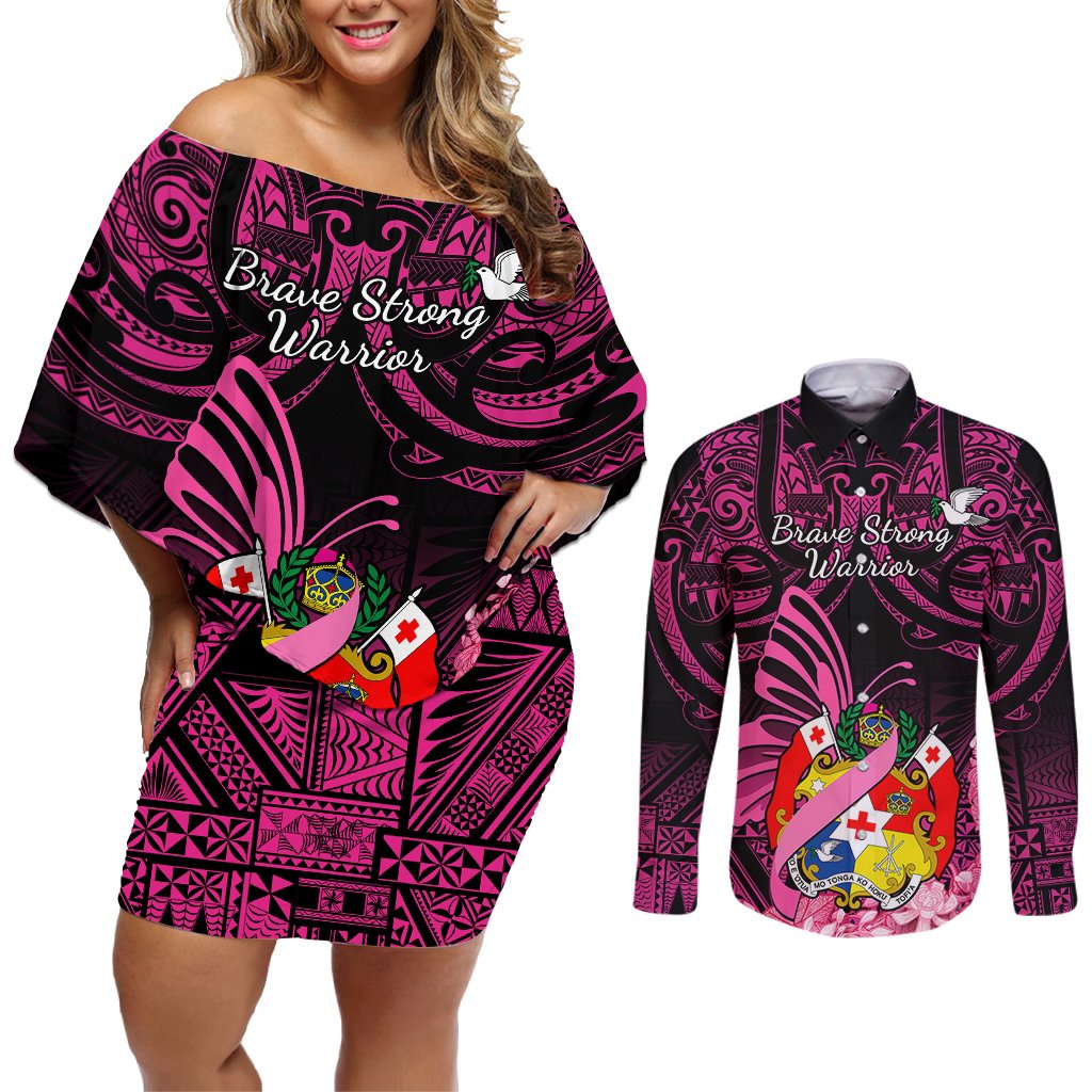 presonalised-tonga-breast-cancer-awareness-couples-matching-off-shoulder-short-dress-and-long-sleeve-button-shirts-pink-ribbon-brave-strong-warrior-tongan-ngatu-pattern