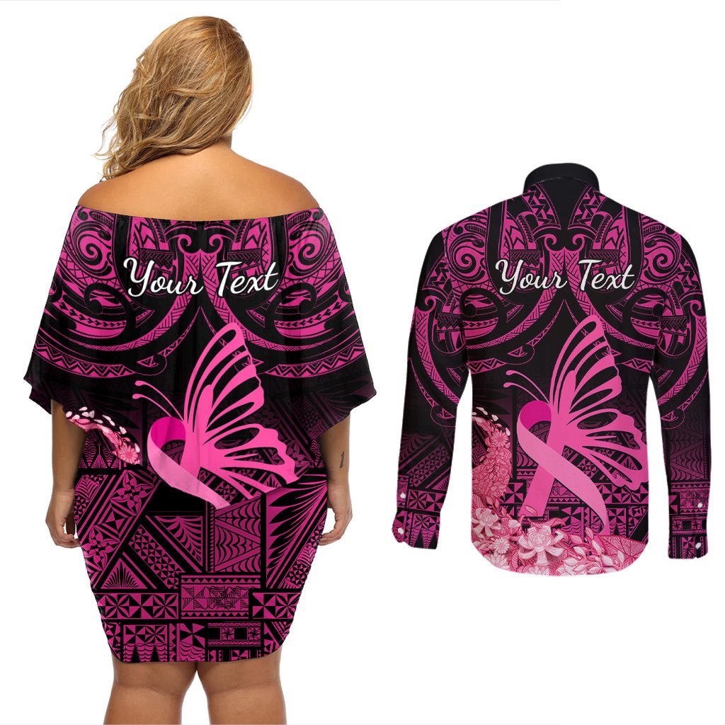 Presonalised Tonga Breast Cancer Awareness Couples Matching Off Shoulder Short Dress and Long Sleeve Button Shirts Pink Ribbon Brave Strong Warrior Tongan Ngatu Pattern LT14 - Polynesian Pride