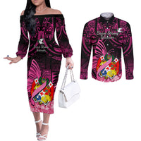 Presonalised Tonga Breast Cancer Awareness Couples Matching Off The Shoulder Long Sleeve Dress and Long Sleeve Button Shirts Pink Ribbon Brave Strong Warrior Tongan Ngatu Pattern LT14 Pink - Polynesian Pride
