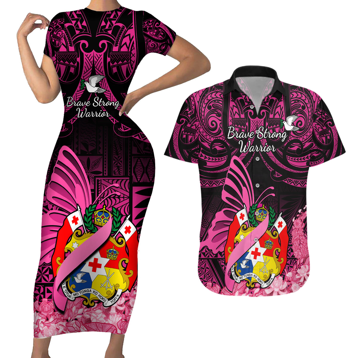 Presonalised Tonga Breast Cancer Awareness Couples Matching Short Sleeve Bodycon Dress and Hawaiian Shirt Pink Ribbon Brave Strong Warrior Tongan Ngatu Pattern LT14 Pink - Polynesian Pride