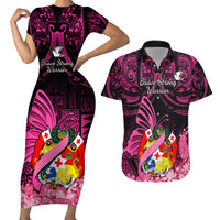 Presonalised Tonga Breast Cancer Awareness Couples Matching Short Sleeve Bodycon Dress and Hawaiian Shirt Pink Ribbon Brave Strong Warrior Tongan Ngatu Pattern LT14 Pink - Polynesian Pride