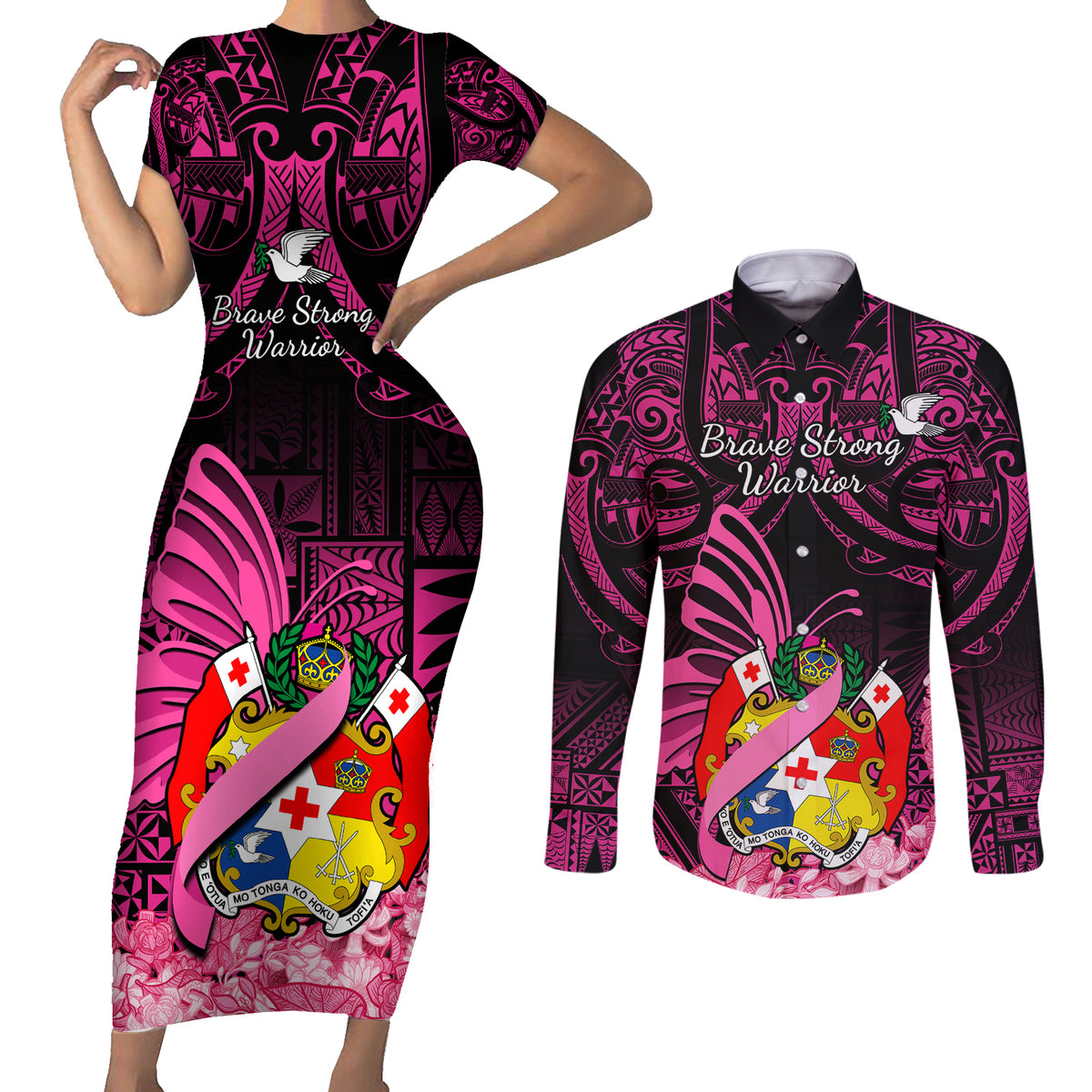Presonalised Tonga Breast Cancer Awareness Couples Matching Short Sleeve Bodycon Dress and Long Sleeve Button Shirts Pink Ribbon Brave Strong Warrior Tongan Ngatu Pattern LT14 Pink - Polynesian Pride