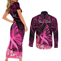 Presonalised Tonga Breast Cancer Awareness Couples Matching Short Sleeve Bodycon Dress and Long Sleeve Button Shirts Pink Ribbon Brave Strong Warrior Tongan Ngatu Pattern LT14 - Polynesian Pride