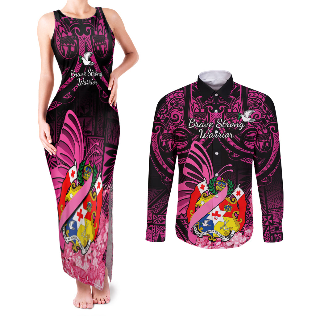 Presonalised Tonga Breast Cancer Awareness Couples Matching Tank Maxi Dress and Long Sleeve Button Shirts Pink Ribbon Brave Strong Warrior Tongan Ngatu Pattern LT14 Pink - Polynesian Pride