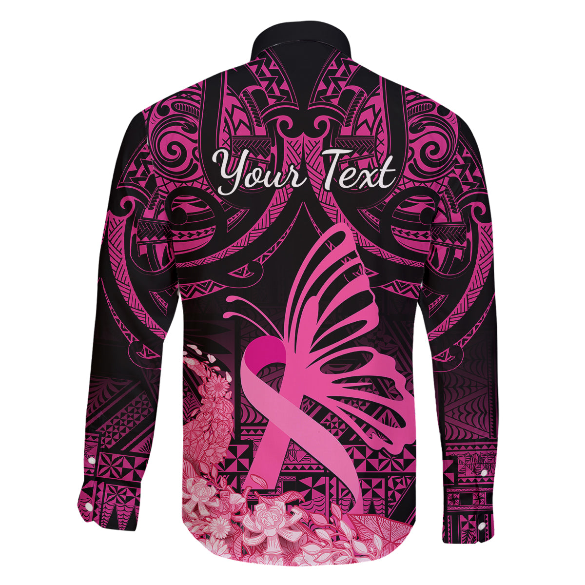 Presonalised Tonga Breast Cancer Awareness Family Matching Off Shoulder Maxi Dress and Hawaiian Shirt Pink Ribbon Brave Strong Warrior Tongan Ngatu Pattern LT14 - Polynesian Pride