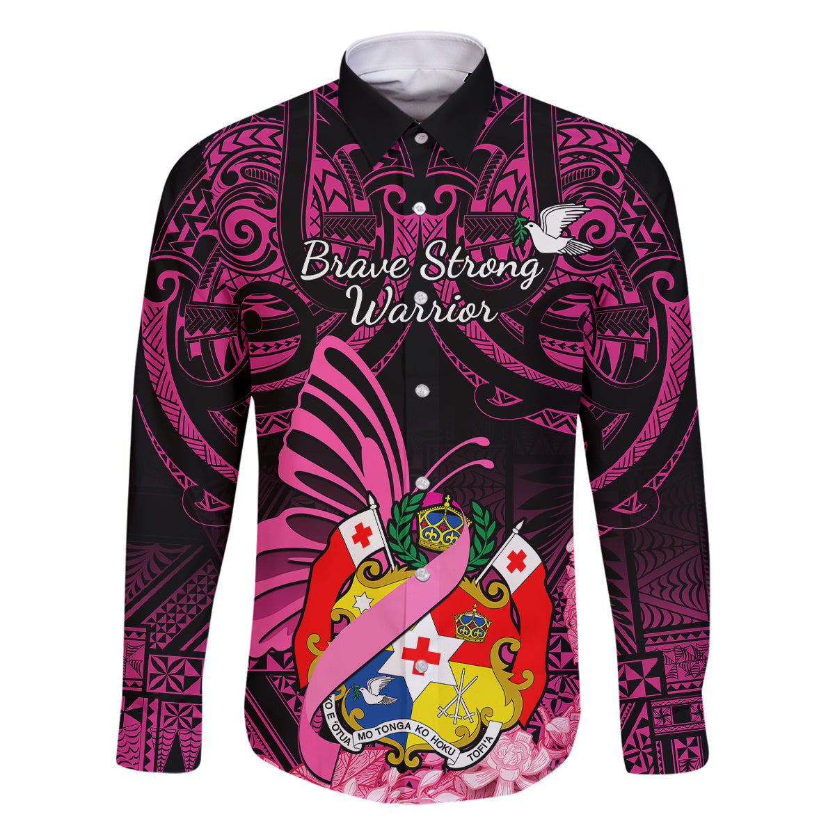 Presonalised Tonga Breast Cancer Awareness Family Matching Tank Maxi Dress and Hawaiian Shirt Pink Ribbon Brave Strong Warrior Tongan Ngatu Pattern LT14 Dad's Shirt - Long Sleeve Pink - Polynesian Pride
