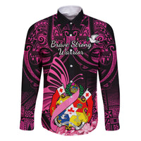 Presonalised Tonga Breast Cancer Awareness Family Matching Tank Maxi Dress and Hawaiian Shirt Pink Ribbon Brave Strong Warrior Tongan Ngatu Pattern LT14 Dad's Shirt - Long Sleeve Pink - Polynesian Pride