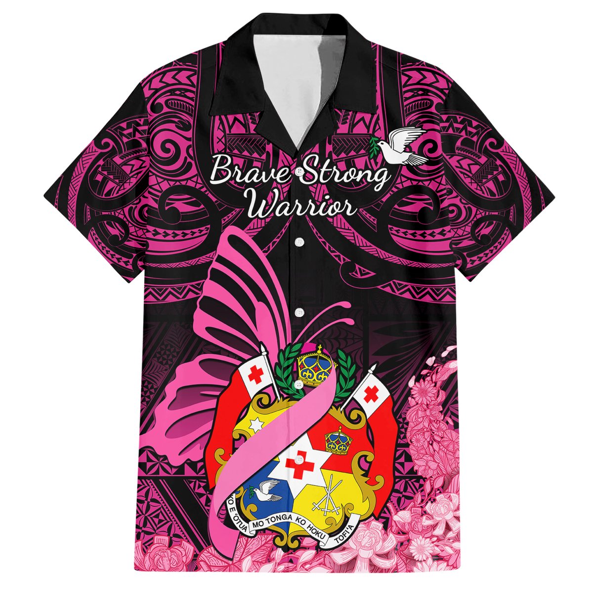 Presonalised Tonga Breast Cancer Awareness Hawaiian Shirt Pink Ribbon Brave Strong Warrior Tongan Ngatu Pattern LT14 Pink - Polynesian Pride