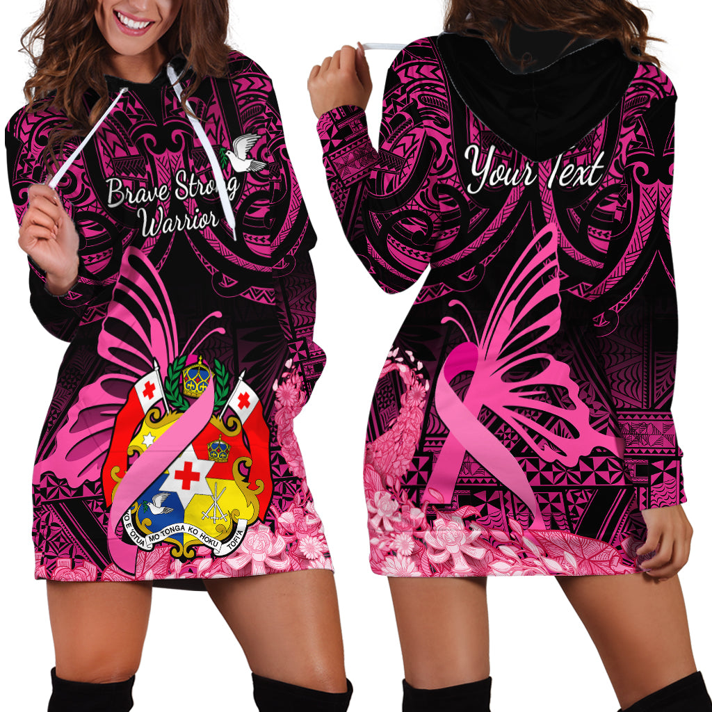 Presonalised Tonga Breast Cancer Awareness Hoodie Dress Pink Ribbon Brave Strong Warrior Tongan Ngatu Pattern LT14 - Polynesian Pride