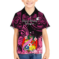 Presonalised Tonga Breast Cancer Awareness Kid Hawaiian Shirt Pink Ribbon Brave Strong Warrior Tongan Ngatu Pattern LT14 Kid Pink - Polynesian Pride