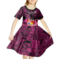 Presonalised Tonga Breast Cancer Awareness Kid Short Sleeve Dress Pink Ribbon Brave Strong Warrior Tongan Ngatu Pattern LT14 - Polynesian Pride