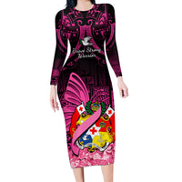Presonalised Tonga Breast Cancer Awareness Long Sleeve Bodycon Dress Pink Ribbon Brave Strong Warrior Tongan Ngatu Pattern LT14 Long Dress Pink - Polynesian Pride