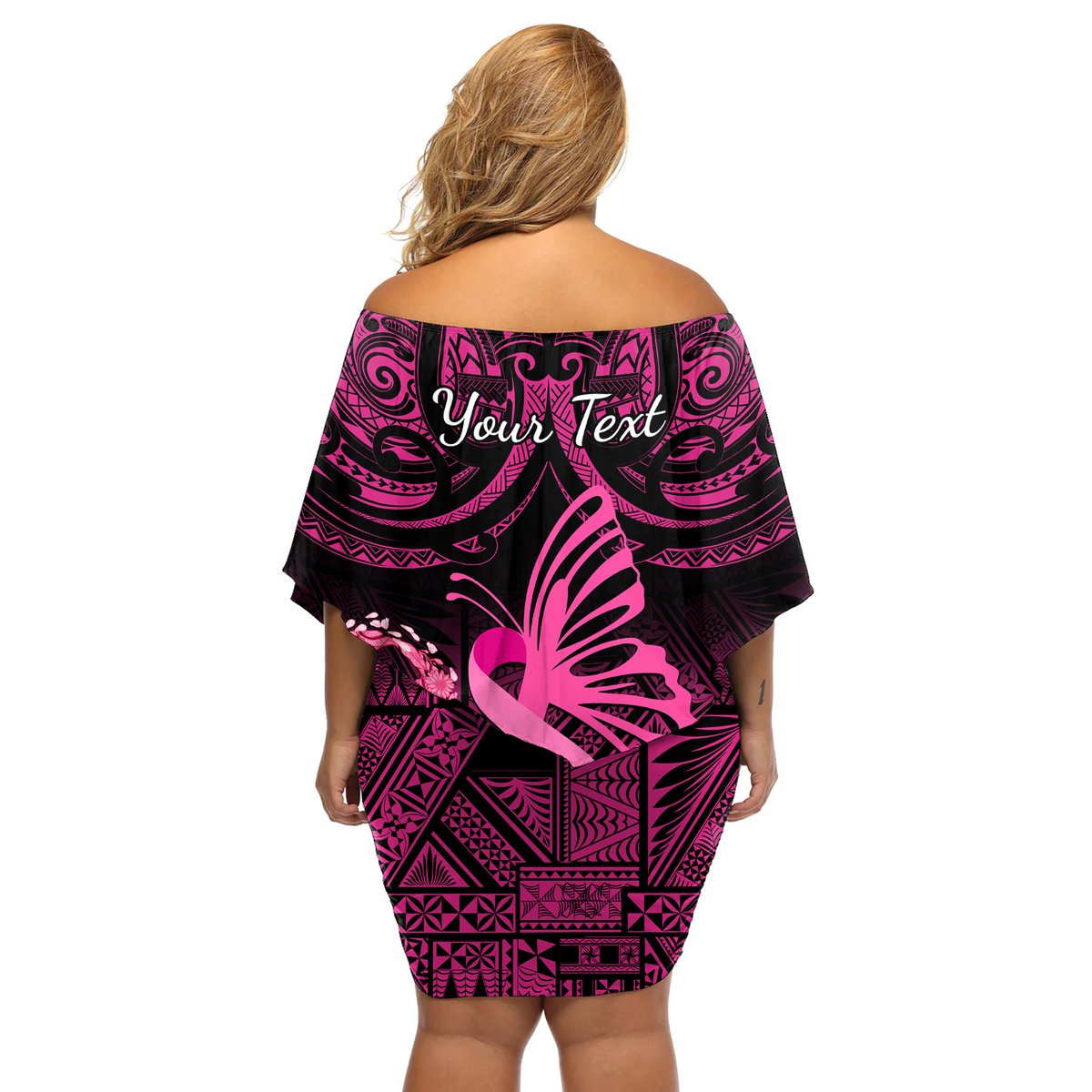Presonalised Tonga Breast Cancer Awareness Off Shoulder Short Dress Pink Ribbon Brave Strong Warrior Tongan Ngatu Pattern LT14 - Polynesian Pride