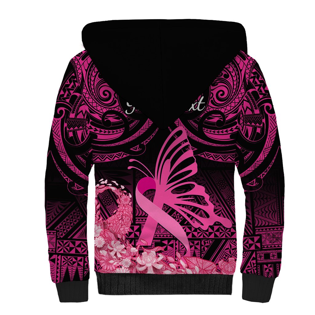 Presonalised Tonga Breast Cancer Awareness Sherpa Hoodie Pink Ribbon Brave Strong Warrior Tongan Ngatu Pattern LT14 - Polynesian Pride