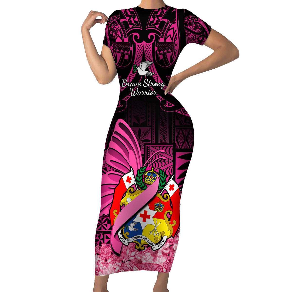 Presonalised Tonga Breast Cancer Awareness Short Sleeve Bodycon Dress Pink Ribbon Brave Strong Warrior Tongan Ngatu Pattern LT14 Long Dress Pink - Polynesian Pride