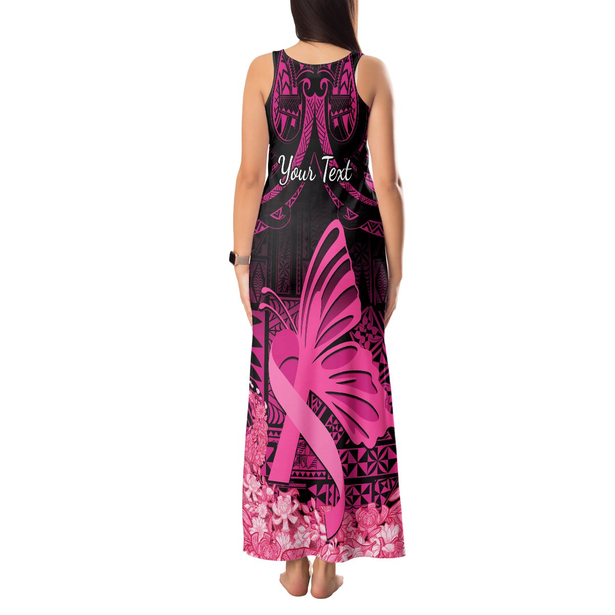 Presonalised Tonga Breast Cancer Awareness Tank Maxi Dress Pink Ribbon Brave Strong Warrior Tongan Ngatu Pattern LT14 - Polynesian Pride