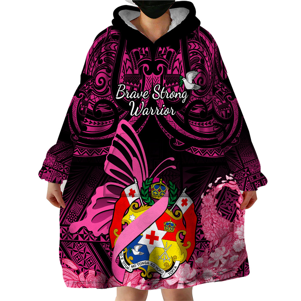 Presonalised Tonga Breast Cancer Awareness Wearable Blanket Hoodie Pink Ribbon Brave Strong Warrior Tongan Ngatu Pattern LT14 - Polynesian Pride