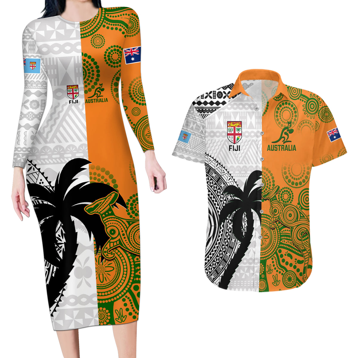 Fiji And Australia Rugby Couples Matching Long Sleeve Bodycon Dress and Hawaiian Shirt 2023 World Cup Aboriginal Mix Tapa Pattern LT14 Gold - Polynesian Pride