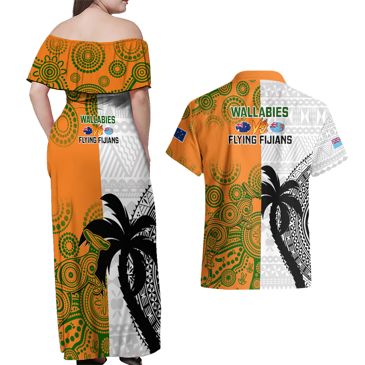 Fiji And Australia Rugby Couples Matching Off Shoulder Maxi Dress and Hawaiian Shirt 2023 World Cup Aboriginal Mix Tapa Pattern LT14 - Polynesian Pride