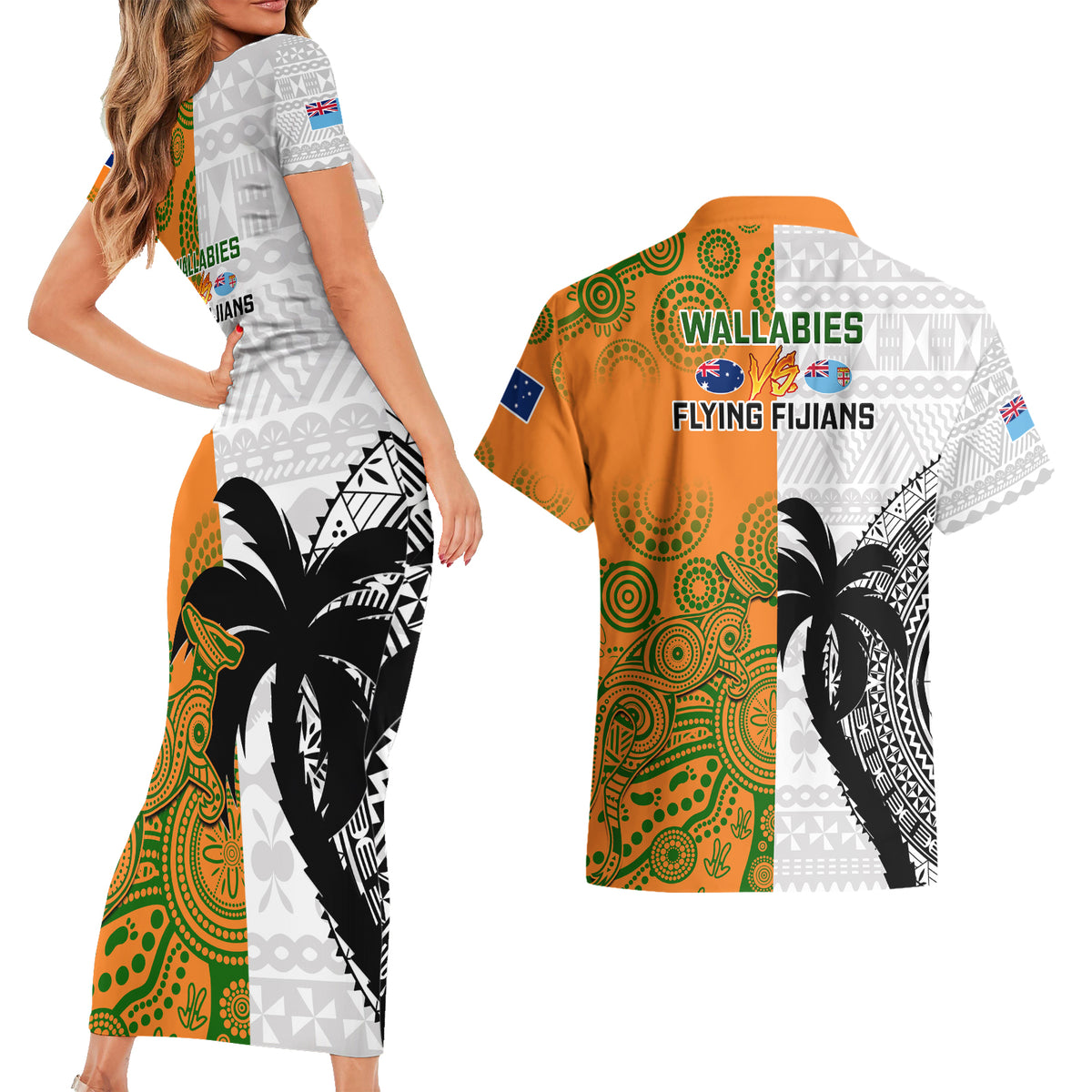 Fiji And Australia Rugby Couples Matching Short Sleeve Bodycon Dress and Hawaiian Shirt 2023 World Cup Aboriginal Mix Tapa Pattern LT14 - Polynesian Pride