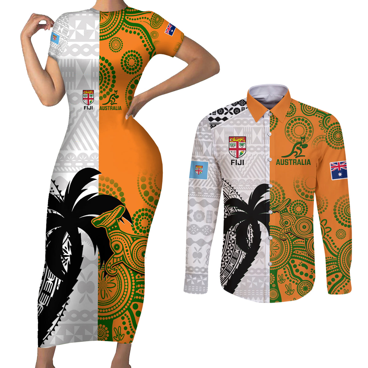 Fiji And Australia Rugby Couples Matching Short Sleeve Bodycon Dress and Long Sleeve Button Shirts 2023 World Cup Aboriginal Mix Tapa Pattern LT14 Gold - Polynesian Pride