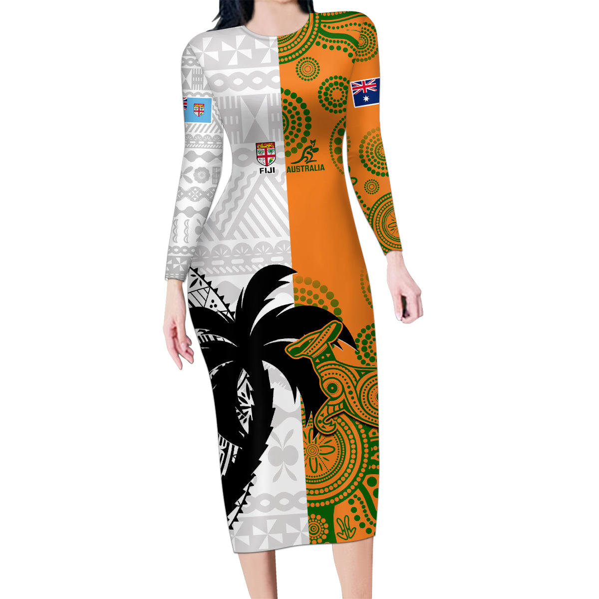 Fiji And Australia Rugby Family Matching Long Sleeve Bodycon Dress and Hawaiian Shirt 2023 World Cup Aboriginal Mix Tapa Pattern LT14 Mom's Dress Gold - Polynesian Pride
